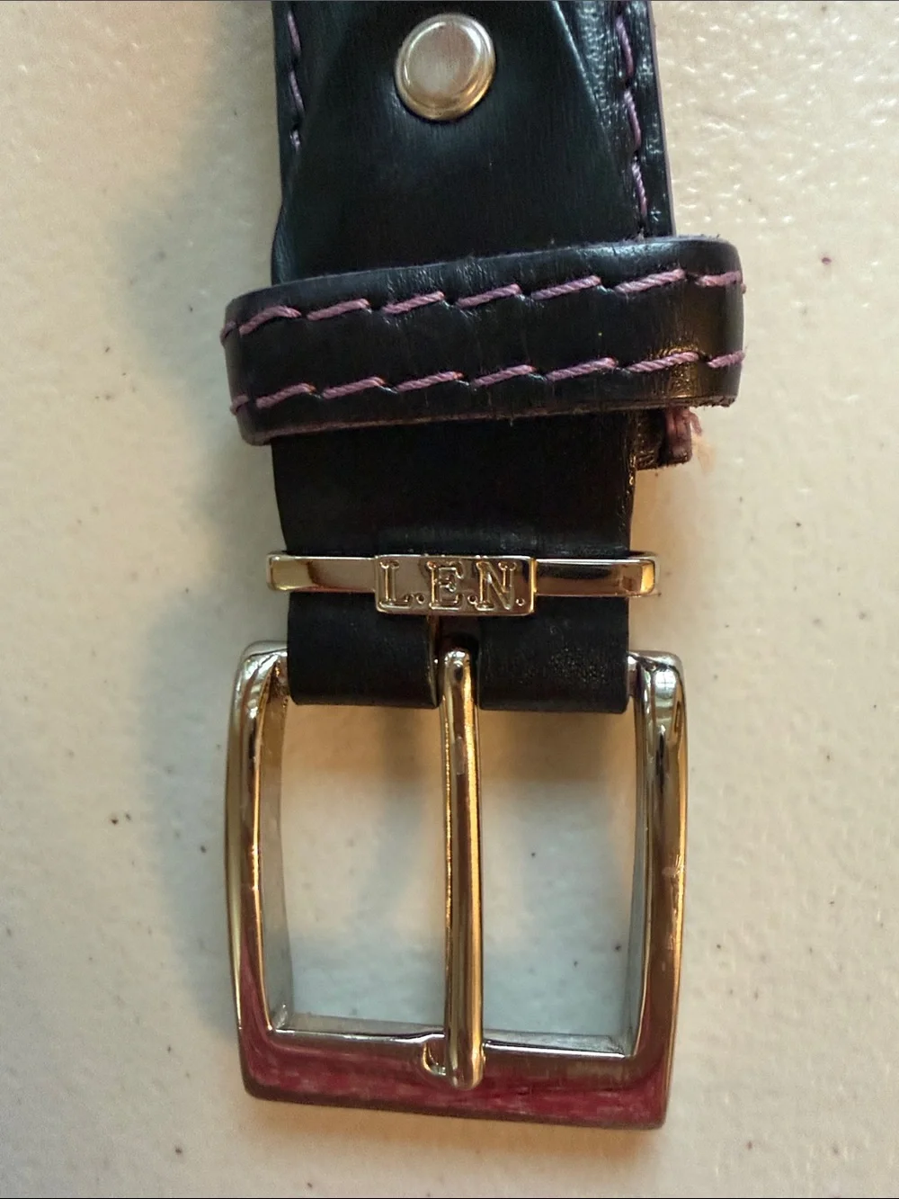 L.E.N. Black Leather Belt with Pink Contrast Stitching 40 inches